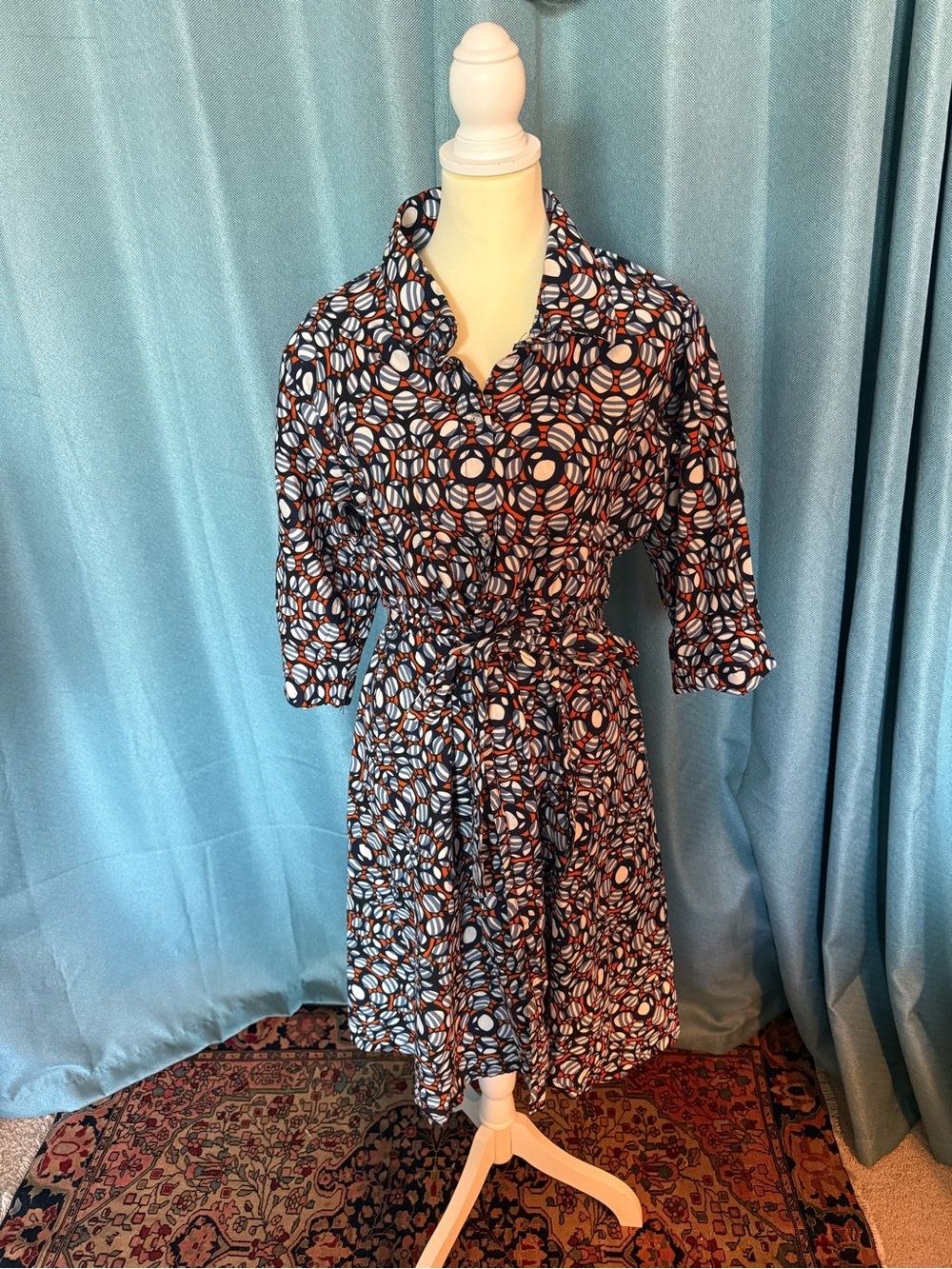 African Wax Cotton Printed Shirt Dress in Navy, White & Orange